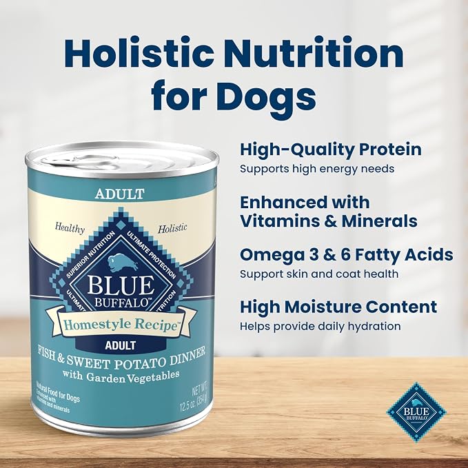 Blue Buffalo Homestyle Recipe Fish Adult Wet Dog Food, 12.5 oz, 12 ct | Fish and Potato Dinner with Garden Vegetables, No Chicken By-Product, Corn, Wheat, or Soy