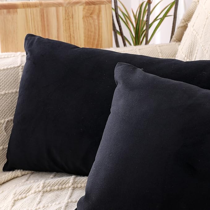NiNi ALL Black Velvet Throw Pillow Covers 12x20 Pack of 2 Decorative Couch | Soft Solid Boho Cushion Squar Pillow Cases for Chair Sofa Bedroom Farmhouse Living room Modern Luxury Home Decor Halloween