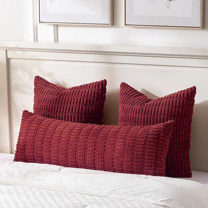 Fancy Homi Decorative Throw Pillow Covers for Bed Couch Bedroom Bench, Soft Corduroy Solid Pillow Case, Rustic Farmhouse Boho Room Decor,36" x 14" (Pack of 1),Burgundy