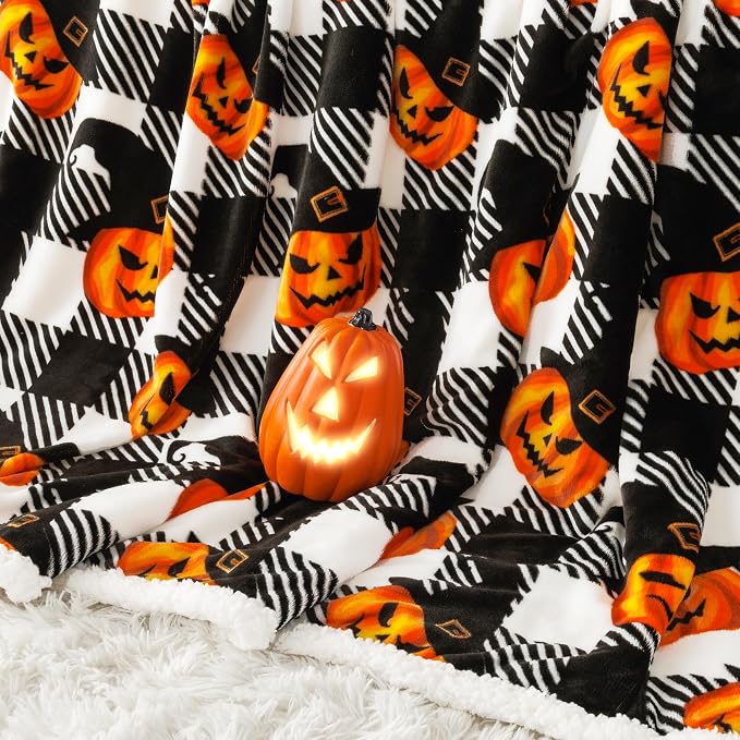 Halloween Blanket Twin Size 60" X 70"，Pumpkin Sherpa Fall Fuzzy Fluffy Soft Cozy Blankets, Fleece Flannel Plush Microfiber Throw for Couch Bed Sofa, Halloween Decor (BlackHalloween)
