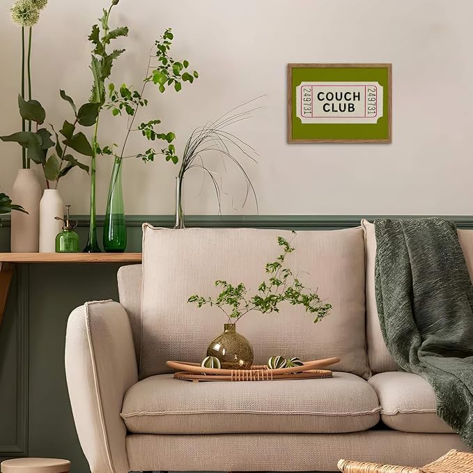 Vintage Framed Wall Art, Couch Club Ticket Canvas Wall Decor Painting, Retro Green Minimalist Quote Poster Print Picture for Living Room Bathroom Home Decor 12x16 Inch
