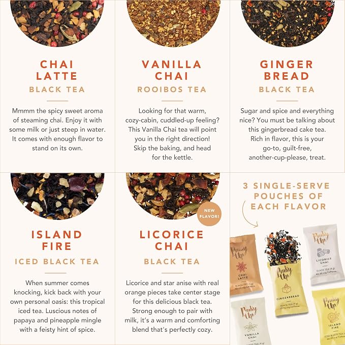 Pinky Up Chai Tea Gift Sampler, Variety Tea Packets of Flavored Tea, Loose Leaf Tea Sampler, Caffeinated Tea and Non-Caffeinated Tea Individual Packets