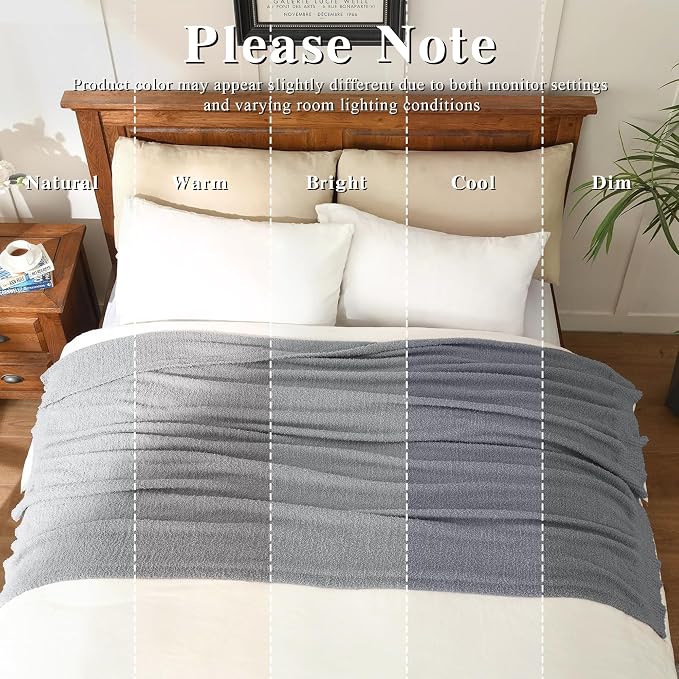 Grey Throw Blanket for Bed, Super Soft Knit Blankets, Cozy Fleece Fuzzy Fluffy Plush Chenille Throws Blanket for Couch, Sofa, Light Gray, 60 x 80 inches