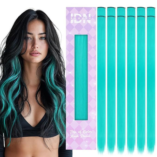 IDN BEAUTY Colored Clip in Hair Extension, 12PCS Teal 24Inch Invisible Clip Straight Synthetic Hair Pieces for Women, Hair Accessories for Party Cosplay Travel Birthday