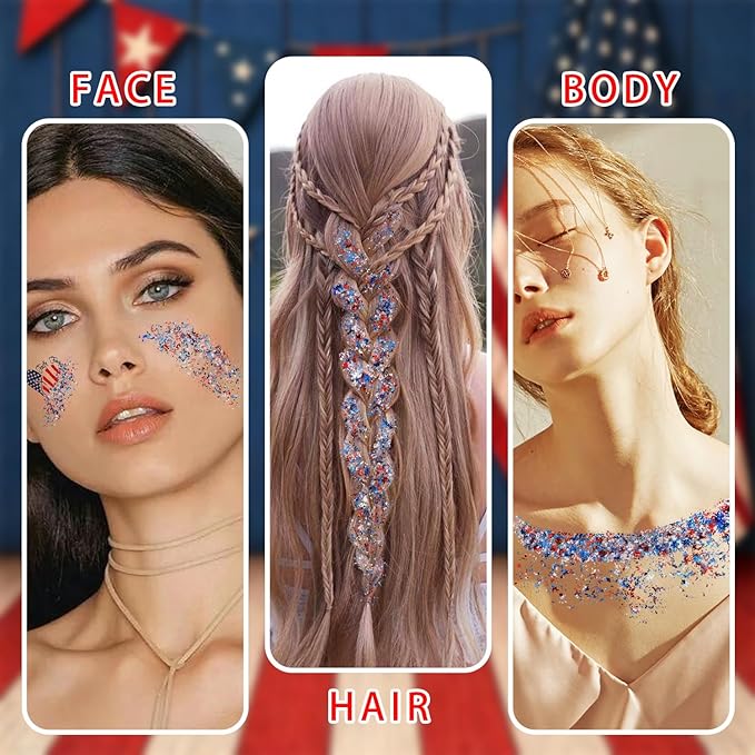 Red Blue and White Body Glitter Stick, 4th of July Independence Day Accessories, Waterproof Face Body and Hair Glitter Makeup, Patriotic Day Memorial Day Glitter Makeup for Women and Girls