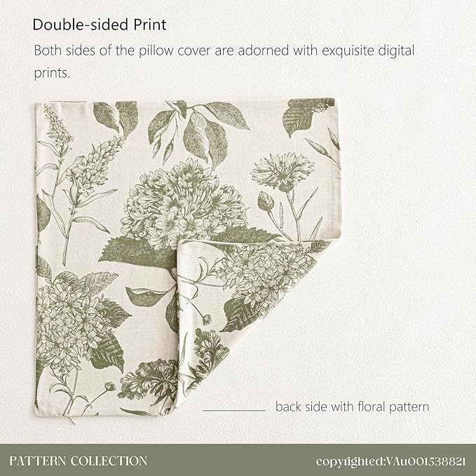 Foindtower Set of 2 Linen Floral Throw Pillow Covers Neutral Vintage Print Decorative Cushion Covers Farmhouse Boho Home Decor for Sofa Chair Couch Bedroom Living Room,24×24 Inch,Sage Green