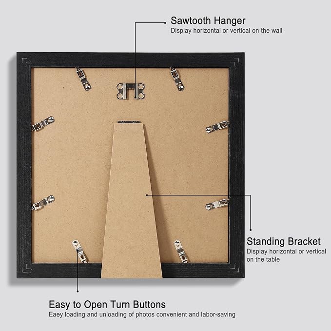 Hongkee 10x10 Picture Frame Set of 4, Made of Glass and Rustic Black Wooden Frame - Display Picture 8x8 with Mat or 10 x 10 Without Mat, 10 by 10 Photo for Wall or Tabletop