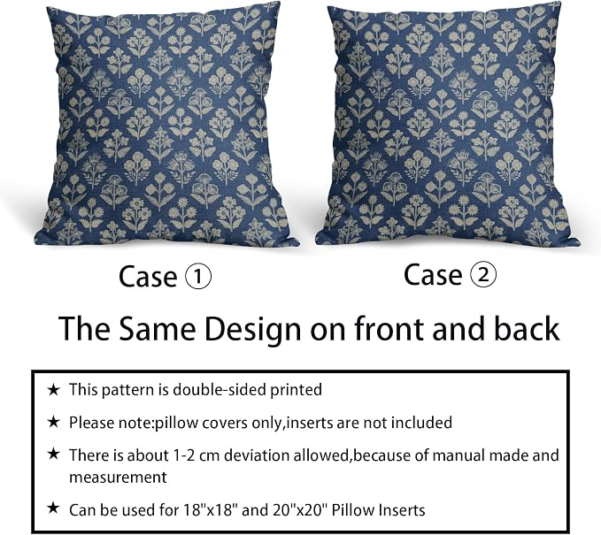 Blue Floral Block Print Pillow Covers 20x20 Inch Set of 2, Vintage Flower Pattern Decorative Throw Pillowcases Outdoor Farmhouse Cushion Covers Spring Summer Rustic Sofa Couch Bed Decor
