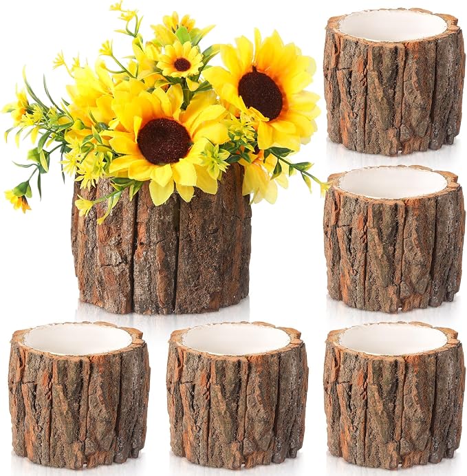 6 Pcs Wooden Vase for Centerpieces Wedding Flower Table Centerpieces Woodland Party Decor Rustic Farmhouse Bark Stump Buckets Vintage Planter Pots for Garden Baby Shower Window Home (Large)