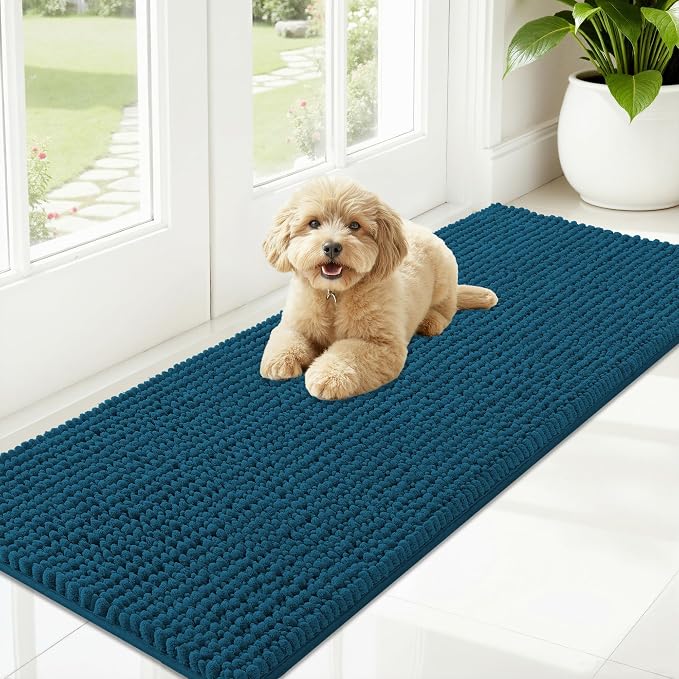 OLANLY Dog Door Mat for Muddy Paws 59x20, Extra Absorbent Chenille Mud Mat | Atlantic Blue, Absorbs Moisture and Dirt, Non-Slip Machine Washable Doormat, Quick-Drying Indoor Entryway Floor Mat for Dogs