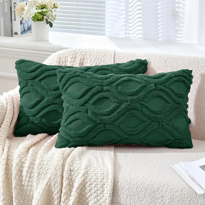 MIULEE Dark Green Soft Plush Faux Wool Lumbar Throw Pillow Covers 12x20 | Set of 2, Farmhouse Boho Home Decor, Decorative Cushion Covers for Sofa, Living Room, Bed