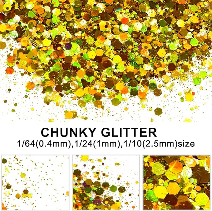 Gold - Craft Glitter - 2oz Glitter Shaker Bright Colorful Holographic Mix Chunky Body Glitter Bulk Wholesale 24 Colors in Shaker Cosmetic Glitter - EBLB200