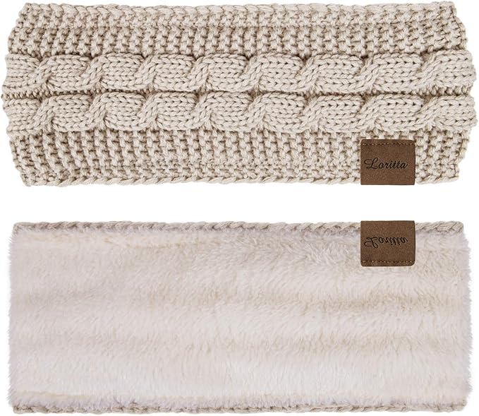 Loritta 2 Pack Headbands for Women Winter Warm Cable Knit Ear Warmer Thick Head Wrap Fuzzy Fleece Lined Gifts