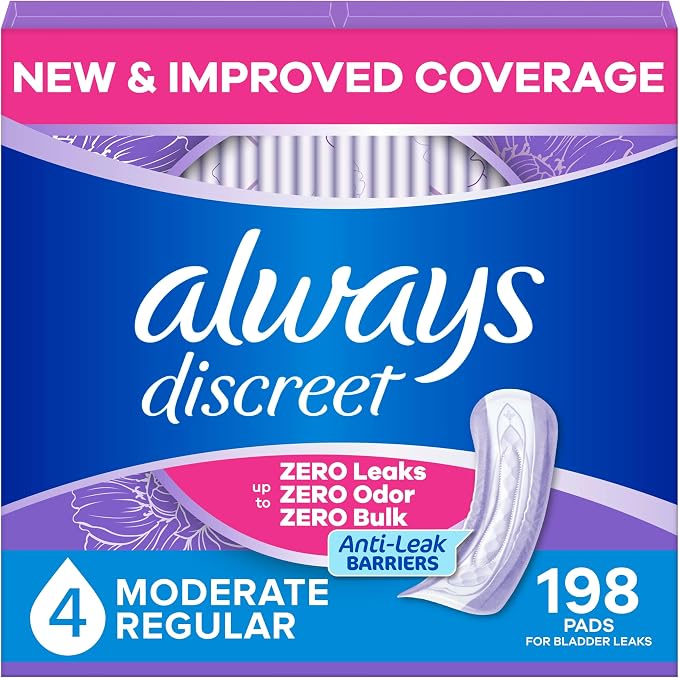Always Discreet Adult Incontinence Pads for Women, Drier, 4 Drop Regular Length, Moderate Absorbency, Pads for Bladder Control Management, Bladder Leaks, & Postpartum Pads, 198ct
