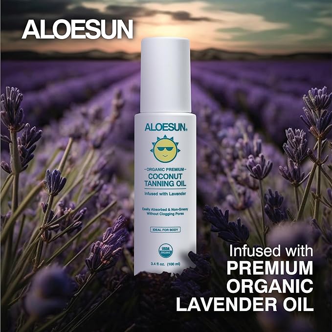 ALOESUN Organic Coconut Tanning Oil Spray Infused with Organic Lavender Oil | Natural Deep Tanning Accelerator | Moisturizing & Hydrating Tan | Non-Greasy | Vegan & Cruelty-Free | Travel Size 3.4 Oz
