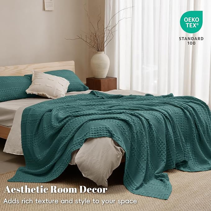 PHF 100% Cotton Waffle Weave Blanket King Size, Lightweight Breathable Summer Blanket for Hot Sleepers, Pre-Washed Soft Layer for Bed, Couch, Home Decor Gift, 108"x90", Teal