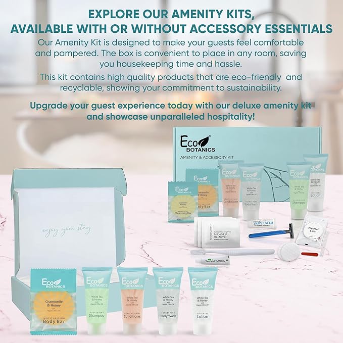 Eco Botanics Amenity Kit | Boxed Hotel Toiletries | Bulk Set .85 oz Travel Size Shampoo, Conditioner, Lotion, Body Wash & Body Bar Soap for Guest Hospitality AirBnB/Vacation Rentals | 15 sets per case