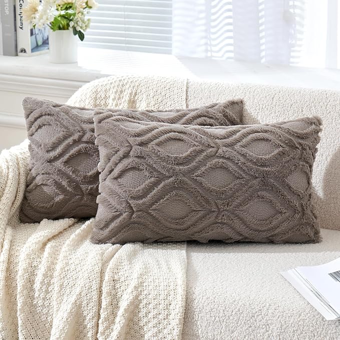 MIULEE Dark Grey Soft Plush Faux Wool Lumbar Throw Pillow Covers 12x20 | Set of 2, Farmhouse Boho Home Decor, Decorative Cushion Covers for Sofa, Living Room, Bed