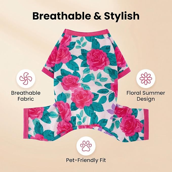 Dog Pajamas Summer Dog Clothes for Small Medium Dogs Girl Dog Pjs Cute Doggie Onesie Breathable Puppy Clothes Soft Stretchy Cat Pet Outfit (Rose Flower, X-Small)
