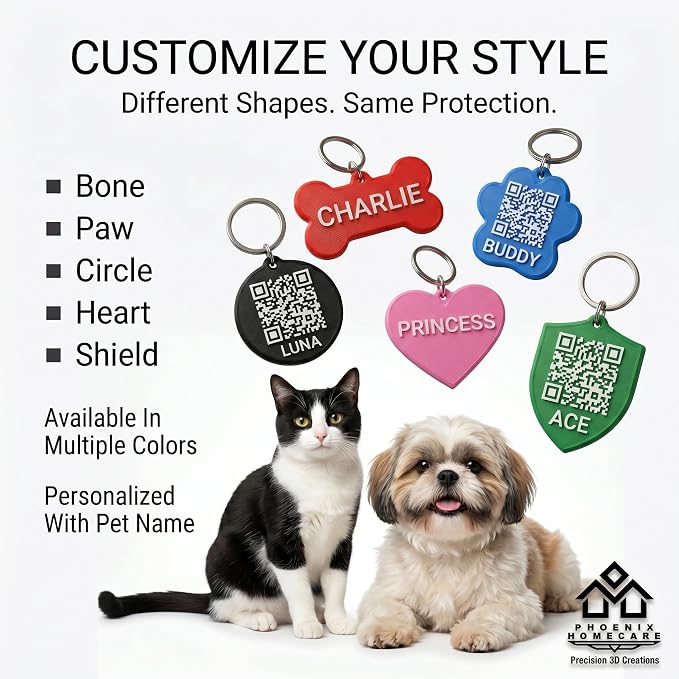 Phoenix Homecare Personalized QR Code Pet ID Tag for Dogs & Cats | Waterproof Smart Collar Tag | Custom Pet ID with Owner Contact, Emergency & Medical Information | No App Required