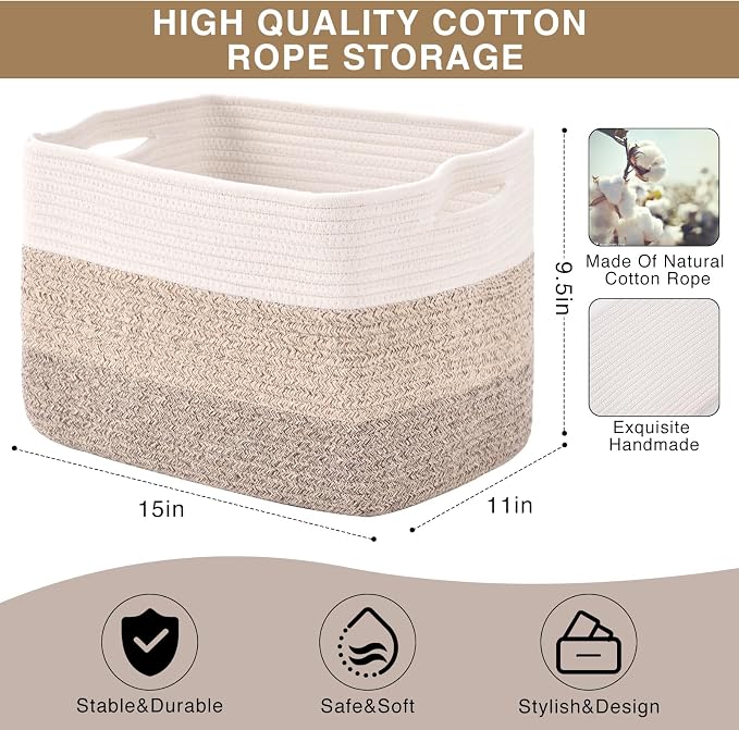 ICERZCZ Storage Baskets for Organizing Shelves, Woven Cotton Rope Bins for Baby Nursery Organization, Book Toy Towel Organizer, 15"x11"x9.5", 3 Packs, Gradient Brown