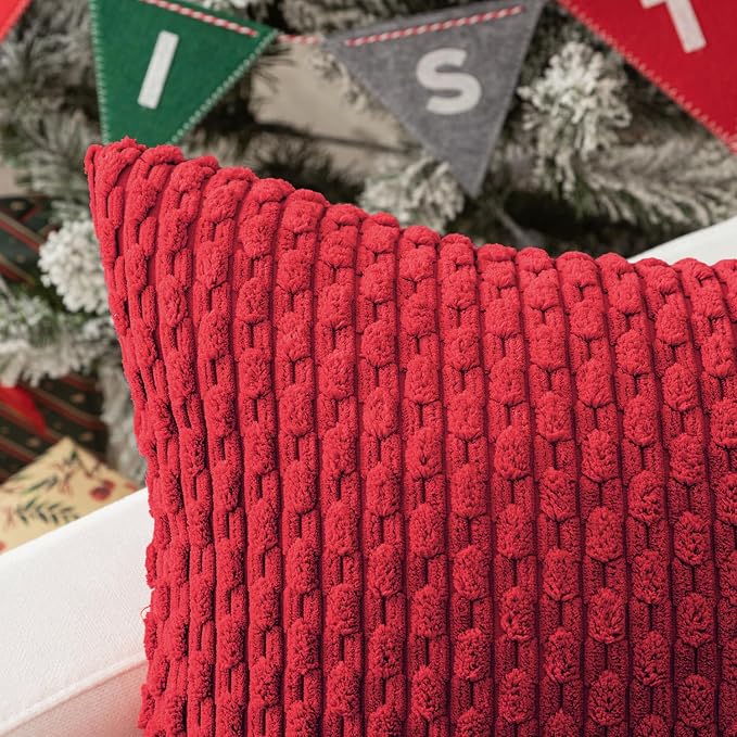 Kevin Textile Soft Corduroy 12"x20" Lumbar Pillow Cover 1 Pack, Red | Boho Stripe Plush Corduroy Decorative Oblong Cushion Cover Modern Farmhouse Home Decor for Sofa Couch Bed Chair