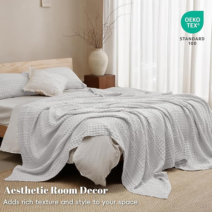 PHF 100% Cotton Waffle Weave Blanket King Size, Lightweight Breathable Summer Blanket for Hot Sleepers, Pre-Washed Soft Layer for Bed, Couch, Home Decor Gift, 108"x90", Light Grey
