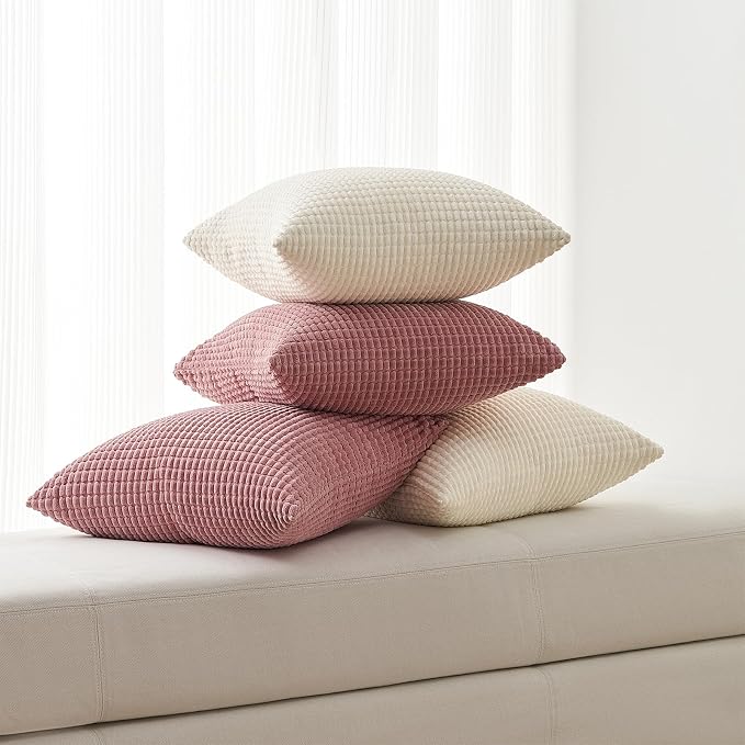 Topfinel 24x24 Inch Small Throw Pillow Covers Pack of 4 for Living Room Couch Bed Soft Corduroy Windmill Textured Boho Striped Patchwork Pillow Covers House Decor,Cream