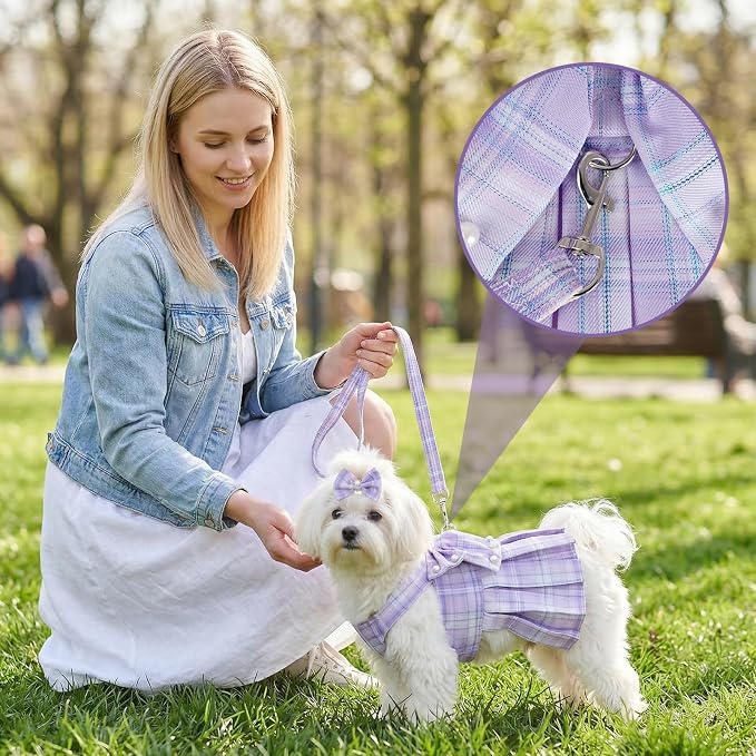 Cute Plaid Dog Dress Clothes for Small Dogs Cats Girl Purple Plaid Dog Dress with Pearls Bow Tie Harness Leash for Spring Summer Birthday Puppy Bunny Rabbit Yorkies Chihuahua Outfits