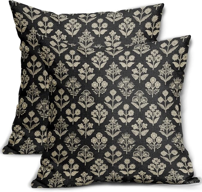 Black Floral Pillow Covers 22x22 Inch Set of 2, Vintage Flower Block Print Decorative Throw Pillowcases Outdoor Farmhouse Cushion Covers Spring Summer Rustic Decoration Sofa Couch Bed Decor