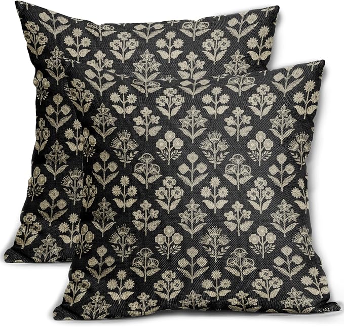 Black Floral Block Print Pillow Covers 20x20 Inch Set of 2, Vintage Flower Pattern Decorative Throw Pillowcases Outdoor Farmhouse Cushion Covers Spring Summer Rustic Sofa Couch Bed Decor