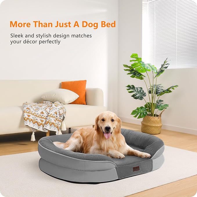 Dwanton Orthopedic Waterproof Large Dog Bed Sofa, Gel Memory Foam, 42" | Egg-Crate Foam Dog Sofa, Washable Pet Bed with Four Sided Bolster Cushion, Removable Cover & Non-Slip Bottom, Medium Grey