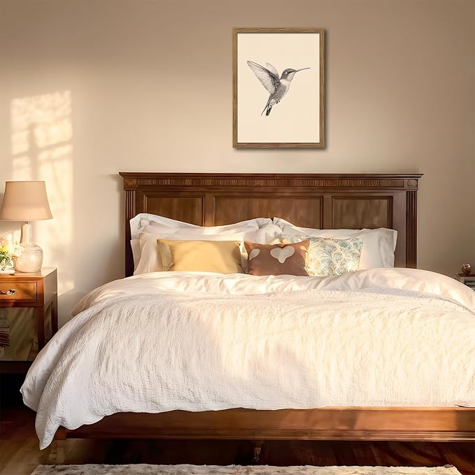 Vintage Framed Wall Art, Birds Canvas Prints, Hummingbird Sketch Painting Picture, Neutral Farmhouse Artwork Wall Decor for Living Room Bedroom – Dark Wooden Frame 12x16in