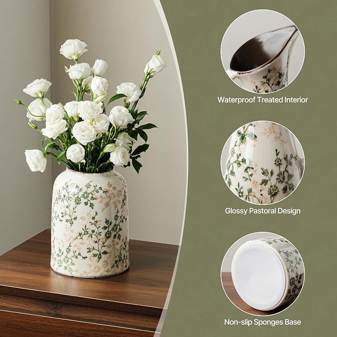 Ceramic Flower Vase for Home Decor, Vintage Green Farmhouse Vase 8 Inch | Rustic Farmhouse Floral Vase for Entryway, Mantel, Coffee Table, Living Room, Kitchen, Bookshelf, Wedding Centerpiece