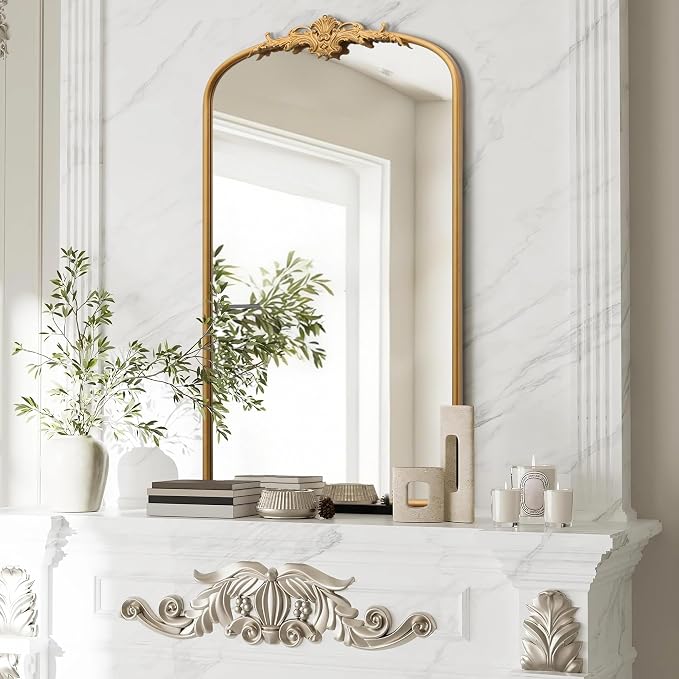Besdomus Vintage Large Wall Mirror: 24"x42" French Arch Gold Vanity Mirrors | Antique Metal Framed Decorative - Baroque Traditional Ornate for Hallway/Bathroom/Fireplace - Ideal for Bathroom Renovations