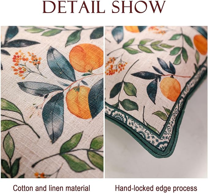 patdrea Vintage Linen Throw Pillow Cover,18"x18",Set of 2-Palladin A | Elegant Decorative Pillow Case,Orange Citrus Fruit Print,Pillow Cover for Couch Living Room Bedroom Sofa