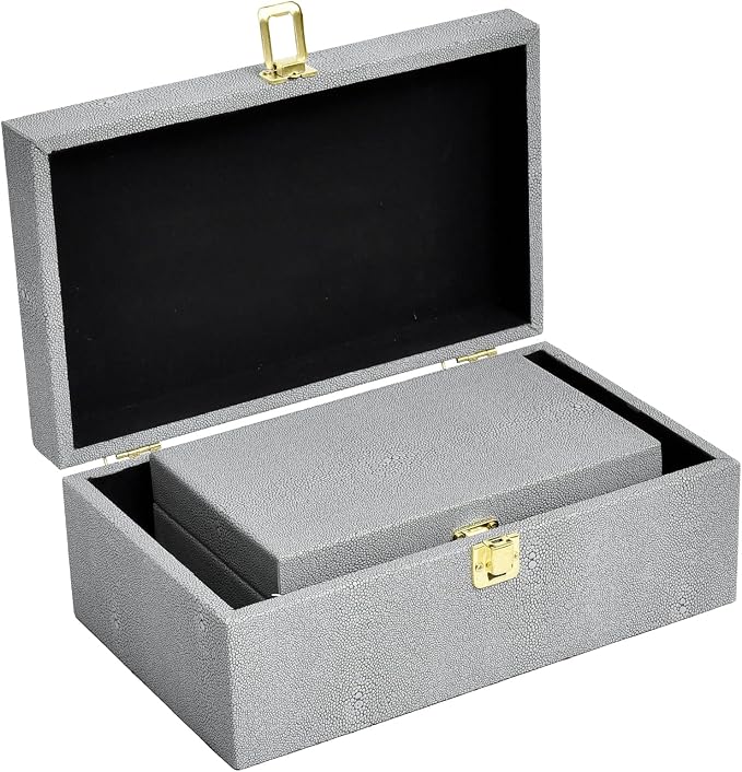 Faux Shagreen Leather Decorative Storage Boxes Set of 2, Light Grey | for keeping precious keepsakes, trinkets, jewelry and other small items organized and out of sight