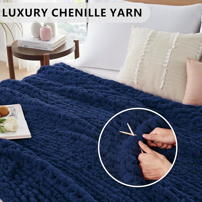 L'AGRATY Chunky Knit Throw Blanket for Couch, 50 x 60 Inches, Dark Blue | Handmade Chenille Crochet Blanket for Sofa Bed, Thick Cable Knitted Blankets for Room Home Decor, Birthday Gift for Women Mom