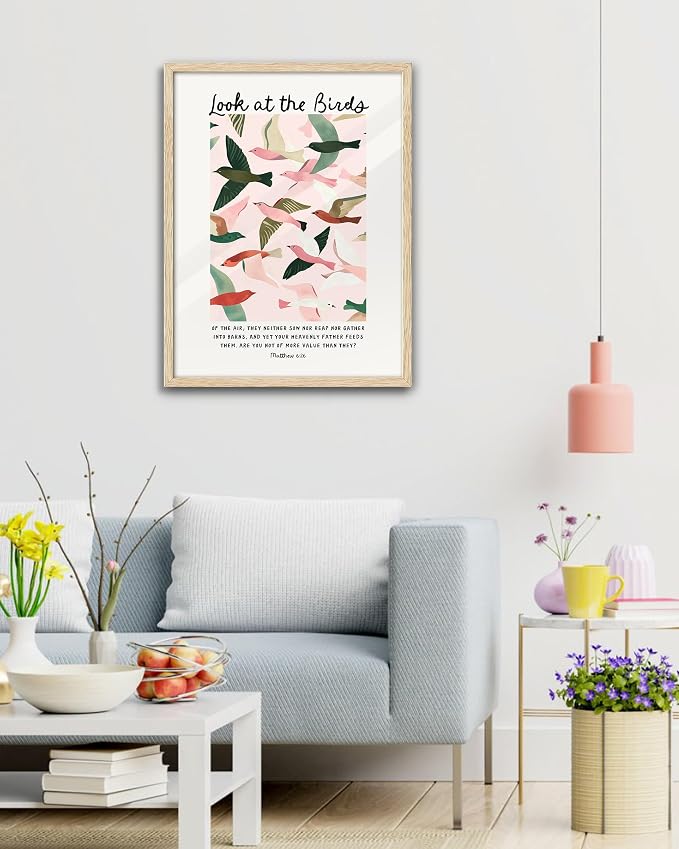 EcoHest 16x20 in Matthew 6:26 Look at the Birds Framed Christian Wall Art | Solid Oak Wood Frame with Canvas Wall Art, Scripture Bible Verse Wall Decor for Bedroom, Living Room, Office, Church, 1Pack
