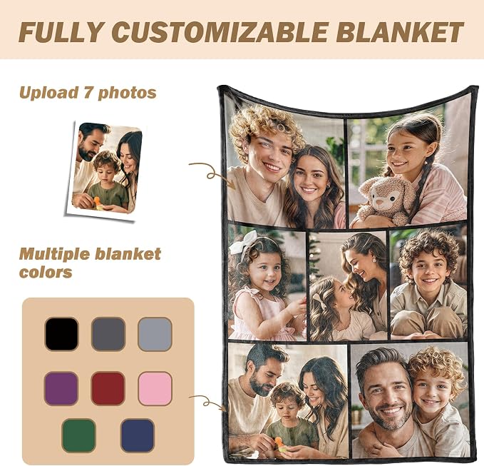 iDIY Custom Blanket with Picture and Text - Ships Next Day - Personalized Photo Throw - Customized Gifts for Family and Couples - 7 Photos
