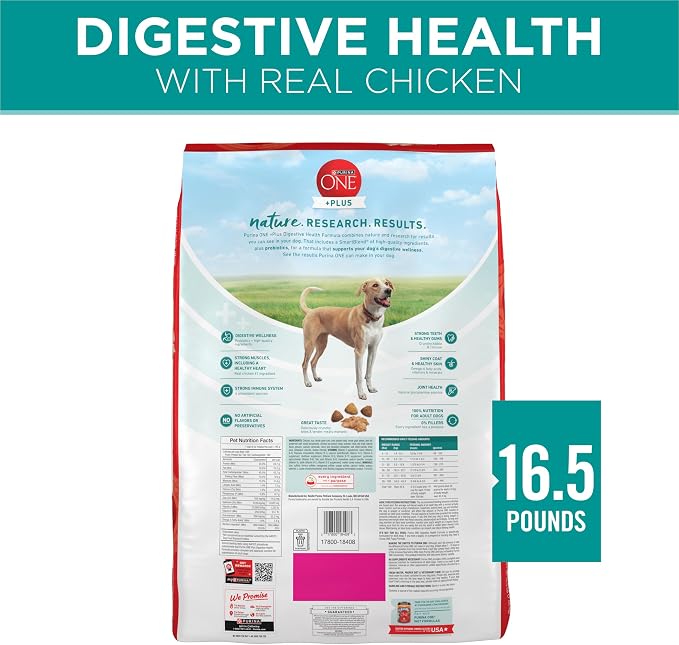 Purina One Plus Digestive Health Formula Dry Dog Food Natural with Added Vitamins, Minerals and Nutrients - 16.5 Lb. Bag