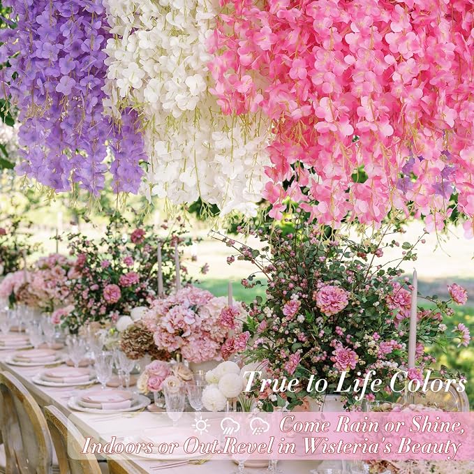 12 Pack Wisteria Hanging Flowers, 3.6 Feet White & Pink & Purple Wisteria Artificial Flowers, Hanging Flowers for Wedding Decoration, Vines for Bedroom Home Wall Decor