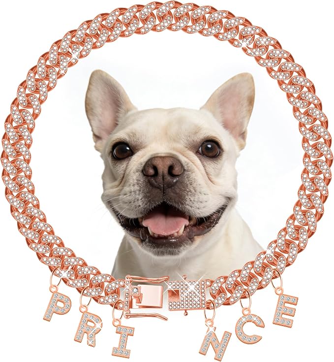 Custom Dog Chain Collar with Name, Diamond Collars Metal Chain Necklace with Secure Buckle, Cuban Style Jewelry Accessories for Puppy Small Medium Large Dogs(Rose Gold, 10 Inch)