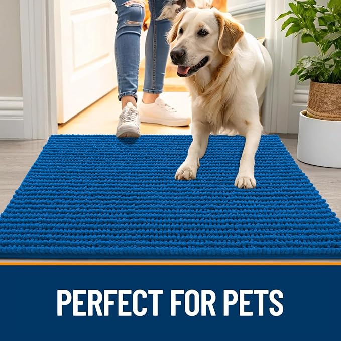 OLANLY Dog Door Mat for Muddy Paws 44x24, Ultra Absorbent Chenille Mud Doormat, Non-Slip Washable and Dirt Trapping Doormat for Indoor Entryway, Quick-Dry Indoor Pet Bed Mats for Dogs, Deep Navy Blue