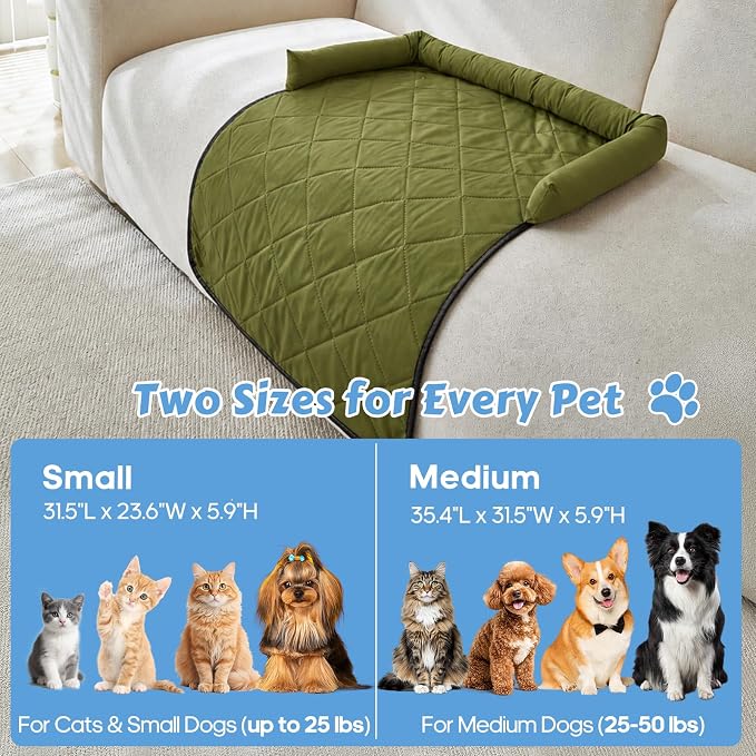 Cooling Dog Bed Mats with Neck & Head Support, 31.5 x 23.62 inch Army Green | for Small and Medium Dogs & Cats, Non-Slip, Machine Washable, Protects Sofa from Fur & Scratches