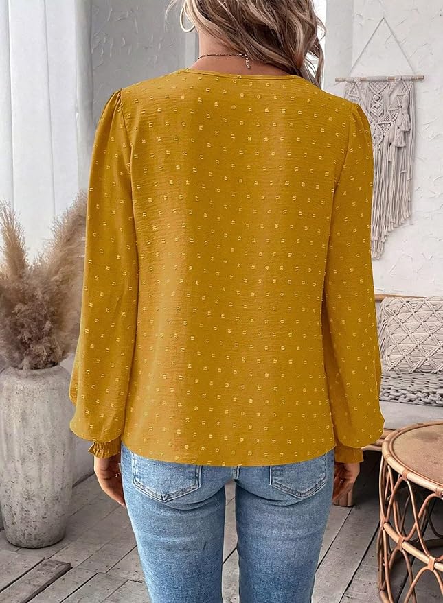 Womens Tops Swiss Dot Boho Long Sleeve Shirts V Neck Casual Chiffon Blouses Flowy Lace Hem Cute Clothing Trendy 2026