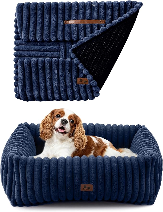 Washable Dog Bed Small Medium Size Dog, Rectangle Orthopedic Pet Bed for Car and Indoor,Fluffy Memory Foam Dog Beds with Anti-Slip Bottom,25 x21 x8 Inches,Navy