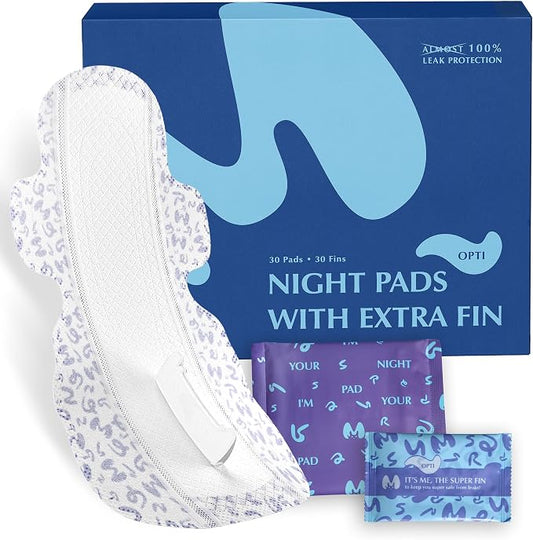 Overnight Pads with Wings – Size 4 (Opti Pad) – Ultimate Leak-Free Protection with Absorbent FIN Technology – 30 Sanitary Napkins with pH-Balanced Wipes – Sanitary Pads for Women & Teens