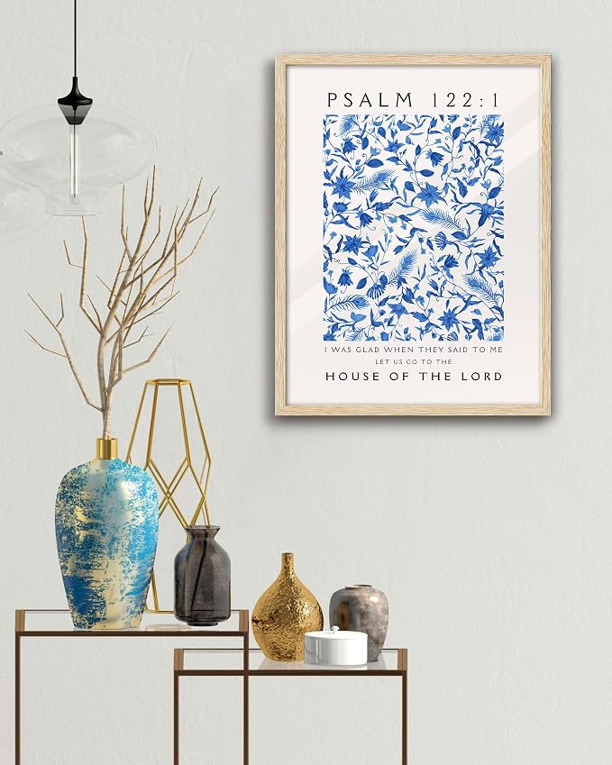 EcoHest 12x16 in Psalm 122:1 Blue Floral Framed Christian Wall Art | Natural Oak Wood Frame with Canvas Wall Art, Botanical Scripture Wall Decor for Bedroom, Living Room, Office, Church, 1Pack