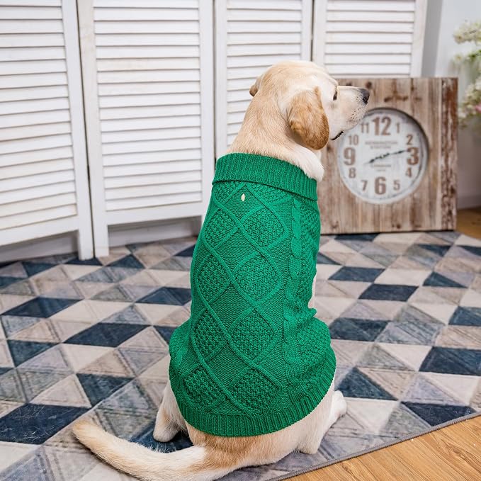 Mihachi Turtleneck Dog Sweater - Winter Coat Apparel Classic Cable Knit Clothes with Leash Hole for Cold Weather, Ideal Gift for Pet in New Year Green 3XL